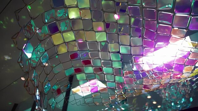 Abstract shimmering mosaic of iridescent squares reflecting colorful light patterns