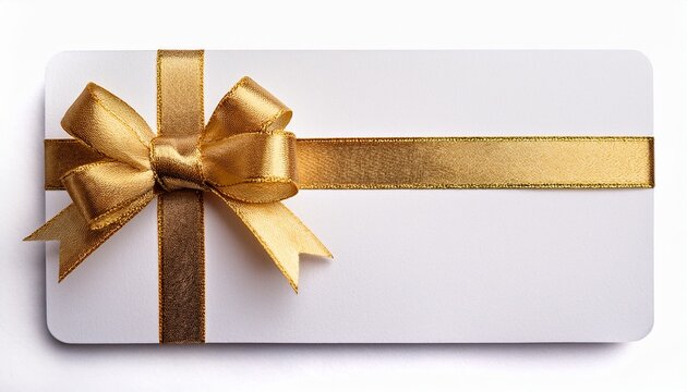 White Gift Card With Golden Ribbon Bow Isolated On White Background