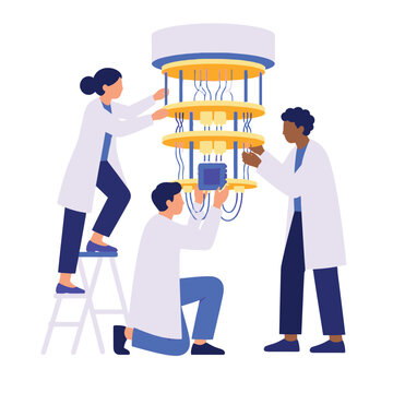 Vector illustration of scientists working on a quantum computer in a laboratory setting.