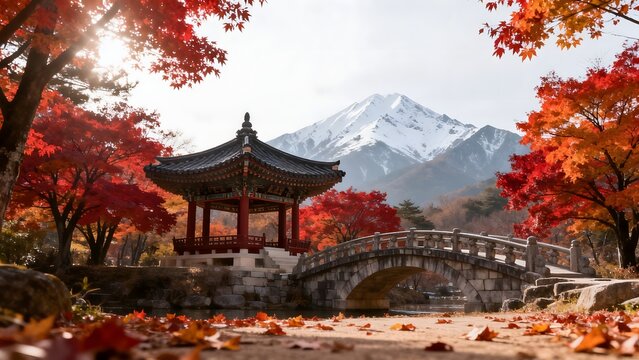 Pavilion bridge and autumn trees with mountain