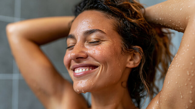 A relaxed young woman stands under cool refreshing shower in bright clean modern bathroom without drying off afterward, water droplets on skin and arms, shower cooling concept, cas