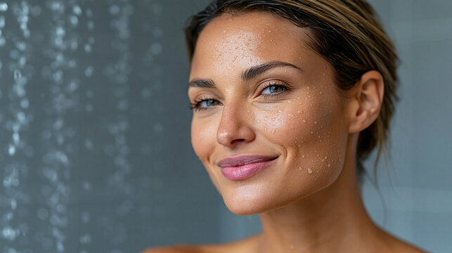 A relaxed young woman stands under cool refreshing shower in bright clean modern bathroom without drying off afterward, water droplets on skin and arms, shower cooling concept, cas