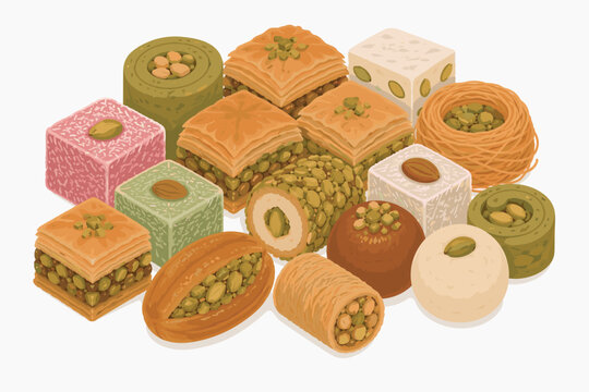 Sweets and desserts illustration with baklava, loukoumi and turkish delight for marketing design in colorful style