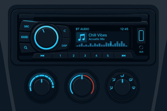 Car stereo and control knobs with music display, buttons and dials for mobile app design in flat style