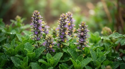 Fototapeta premium Close-up of vibrant purple bugleweed flowers blooming in a lush green garden setting.