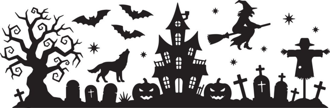 Halloween silhouette illustration featuring a spooky graveyard scene with a haunted house, dead trees, flying bats, carved pumpkins, and a glowing full moon on a dark night backdrop.