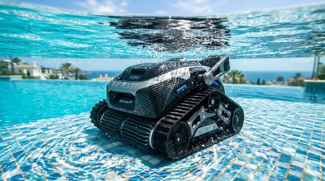 Underwater pool cleaning robot with tracks moving through sparkling blue water