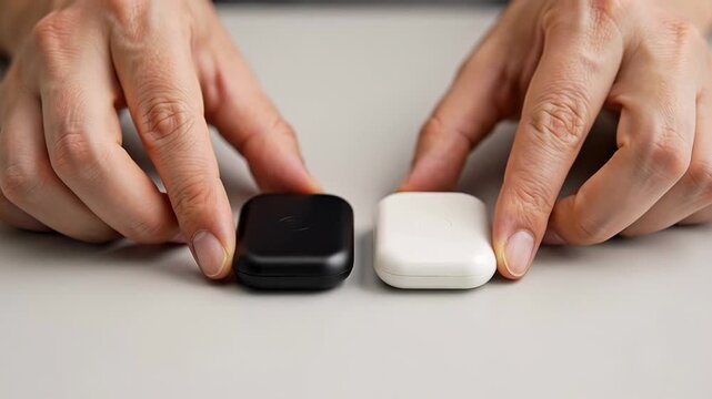 Organizing wireless earbuds: hands arranging black and white cases on table