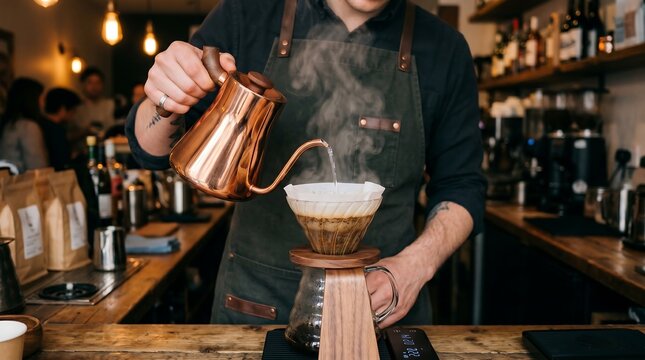 Barista carefully pouring hot water into a pour-over coffee maker in a cozy cafe setting