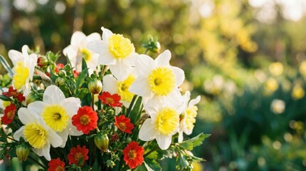 Fototapeta premium Beautiful bouquet of white and yellow daffodils with red flowers in a sunny garden.