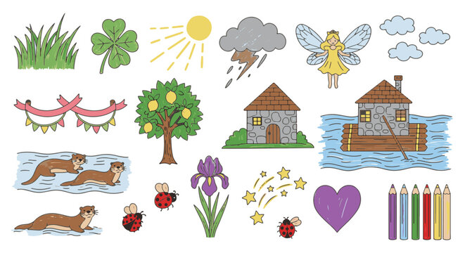 Vibrant vector illustration featuring a bright and colorful children's theme with playful elements, educational graphics, and cheerful nursery-style icons on a white background.