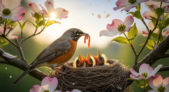 Bird feeding nestlings sunlight