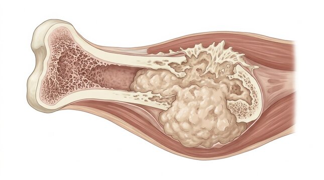 Osteosarcoma is displayed in a cross-section of bone showing tumor mass and surrounding tissue. This helps in understanding pet disease states.