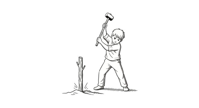 Young child pretending to chop small tree branch.