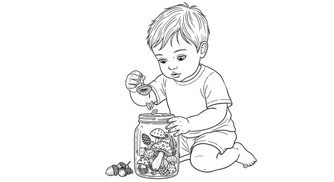 Curious toddler exploring large glass cookie jar indoors.