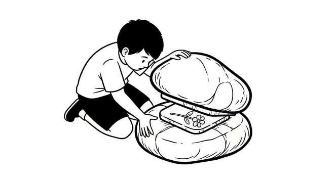 Curious young boy examining large open clamshell closely.