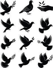 Obraz premium Flying Dove Bird Silhouette Collection with Olive Branch Peace Symbol and Hand Gesture Isolated Vector Set