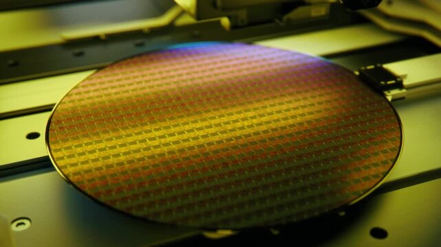Semiconductor Silicon Wafer Microchip Production Macro Laser Processing Beauty Shot in 4K Ultra HD footage.
