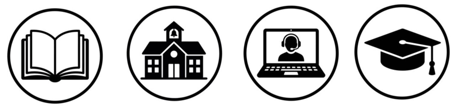 Education icons including book school online learning and graduation