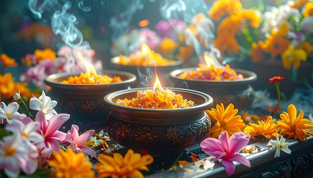 Hindu Puja ceremony with flowers and diyas.