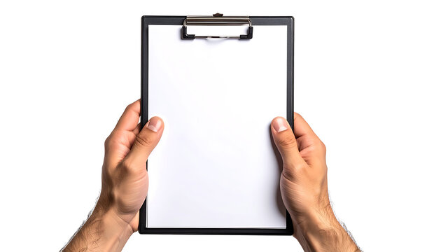 Hands holding a blank clipboard with empty white paper for notes, data entry, or review, isolated on white
