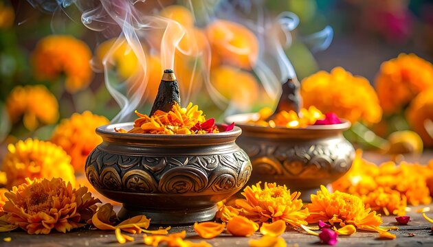Traditional Indian Diwali Pooja Lamp Ceremony.