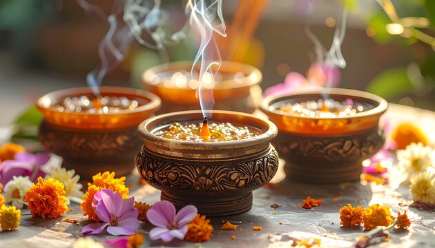Traditional Indian Diwali Pooja Ceremony Setup.