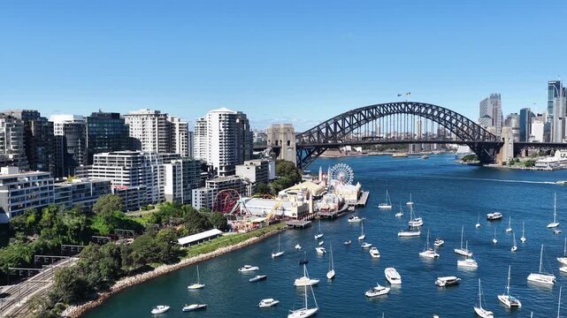 Elevated aerial panorama of Sydney city harbour waterfront The Rocks from Lavender bay.