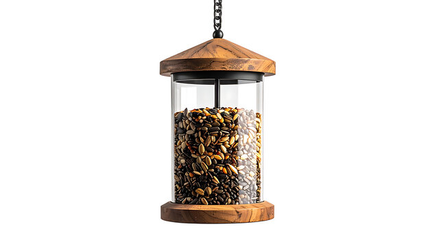 Hanging bird feeder filled with mixed seeds, crafted from wood and clear glass, on a white background