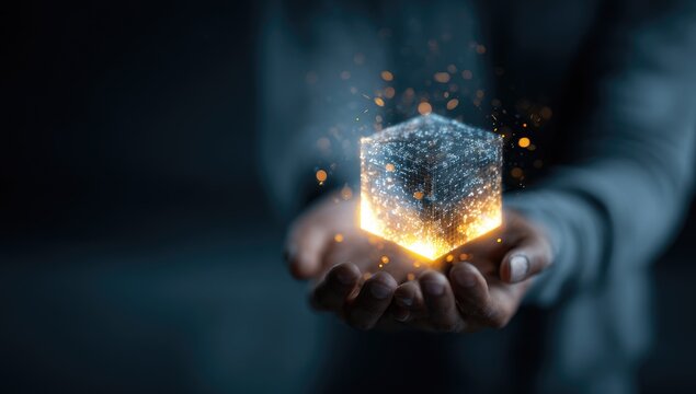 Hands cradle glowing, textured cube emitting light particles against dark background