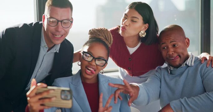 Funny, selfie and business people with laughing, humor and expression for social media in office. Peace, creative and team with diversity and trendy sign for profile picture or post in workplace