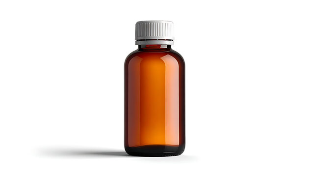Isolated amber glass bottle with white screw cap, studio shot, perfect for pharma or cosmetic packaging concepts