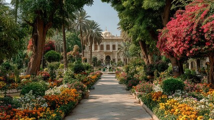 Fototapeta premium Elegant pathway leads to a grand building, framed by vibrant flowers