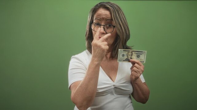 Hispanic senior woman wearing glasses and a white top holds a twenty dollar banknote and makes a v sign with fingers near her nose in studio; assertive warning.