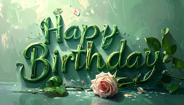 Happy birthday greeting with elegant cursive lettering, soft pink rose, and green leaves on a textured background, celebratory and floral