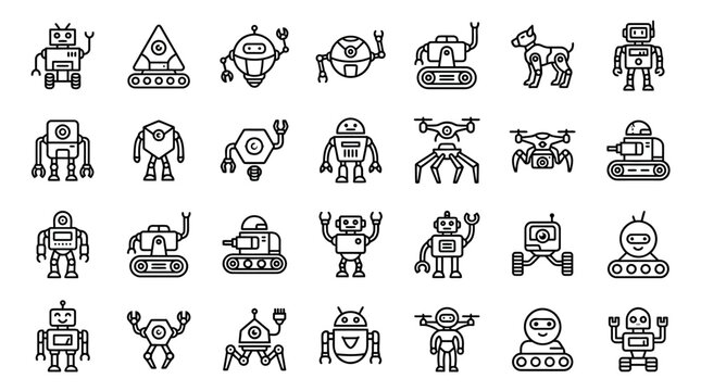 Collection of diverse robot icons in black line art, showcasing various mechanical designs and forms
