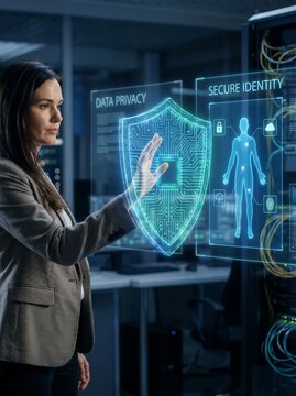 Data privacy concept with woman protecting digital identity using holographic shield