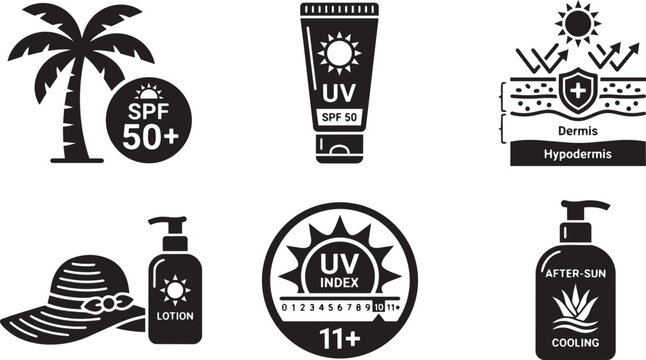 Sun protection and skincare vector icon set, UV protection signs and symbols.