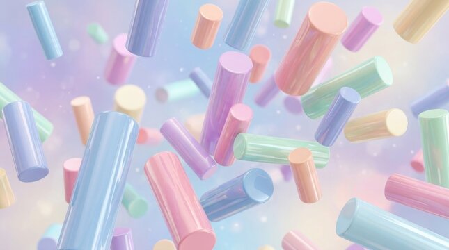 Colorful 3d cylindrical objects floating in pastel colored space