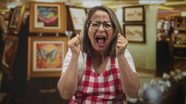 Elderly woman with gray hair and glasses in checkered apron clenches fists and shouts in an art studio with framed paintings behind her; frustration defiance.