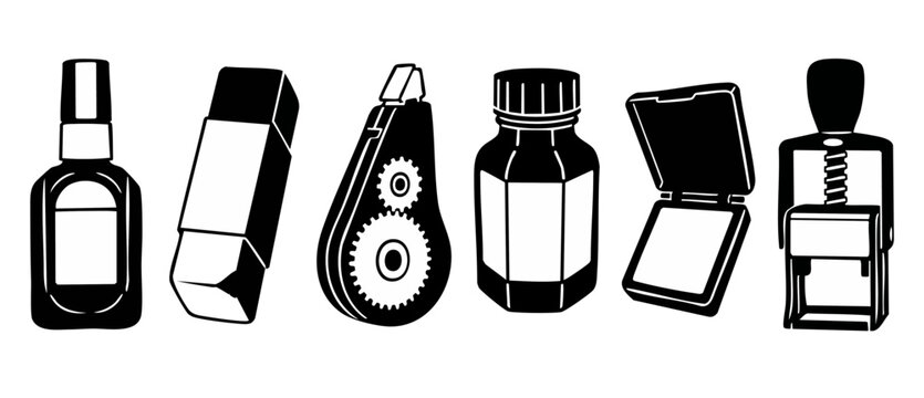 Office stationery icons set vector illustrating correction tools and stamping equipment including correction fluid bottle, rubber eraser, correction tape, inkwell, ink pad, and self inking stamp.