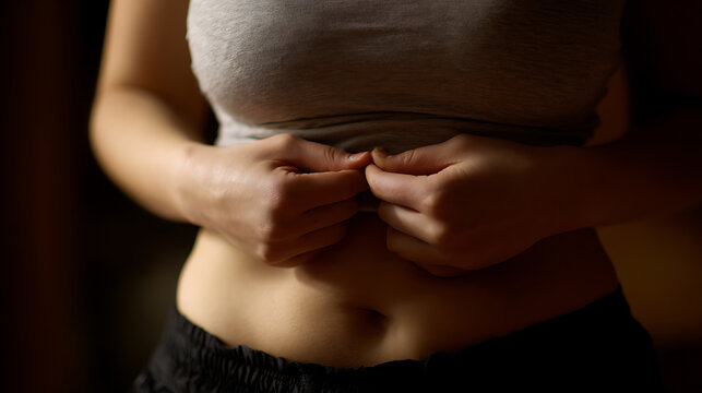 Close-up of a person's midsection, hands gently pinch skin on their stomach, showcasing a focus on body health, weight, and self-perception