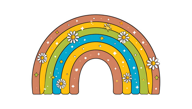 Groovy retro rainbow with daisy flowers and glitter accents, cheerful and whimsical design