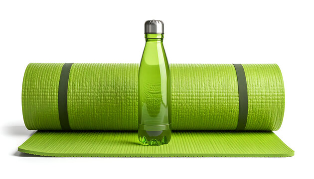Green yoga mat rolled out with a clear water bottle on top, representing healthy lifestyle, fitness, and hydration