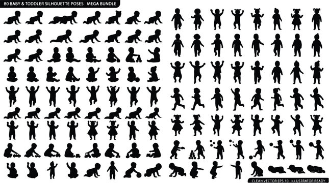 Baby and toddler silhouette poses mega bundle, set of 80 infant and child vector icons, crawling and walking kids silhouettes for parenting design