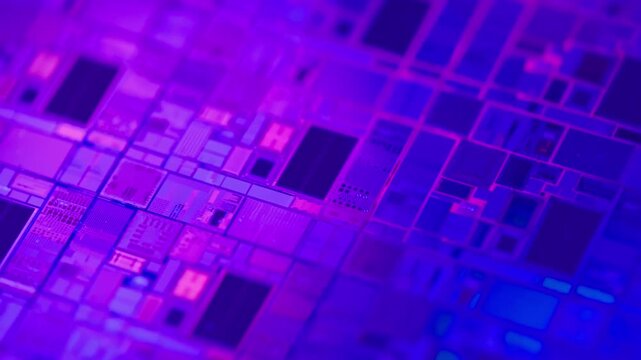 Semiconductor Silicon Wafer Macro Integrated Circuit Microchip Pattern Reflection in 4K Ultra HD footage.
