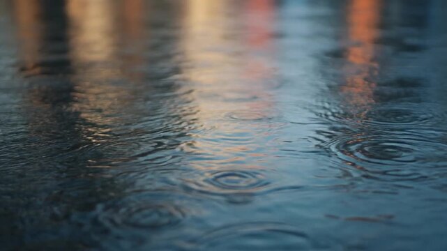 雨粒が広がる水面と街明かりの反射背景テクスチャ