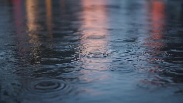 雨粒が広がる水面と街明かりの反射背景テクスチャ