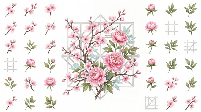 Elegant pink floral illustration set, blooming cherry blossoms and peonies, delicate botanical elements for spring designs, a beautiful collection of flowers and leaves.