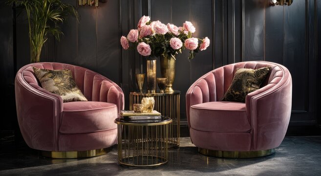 Plush pink armchairs flank a metallic table with flowers and d?cor